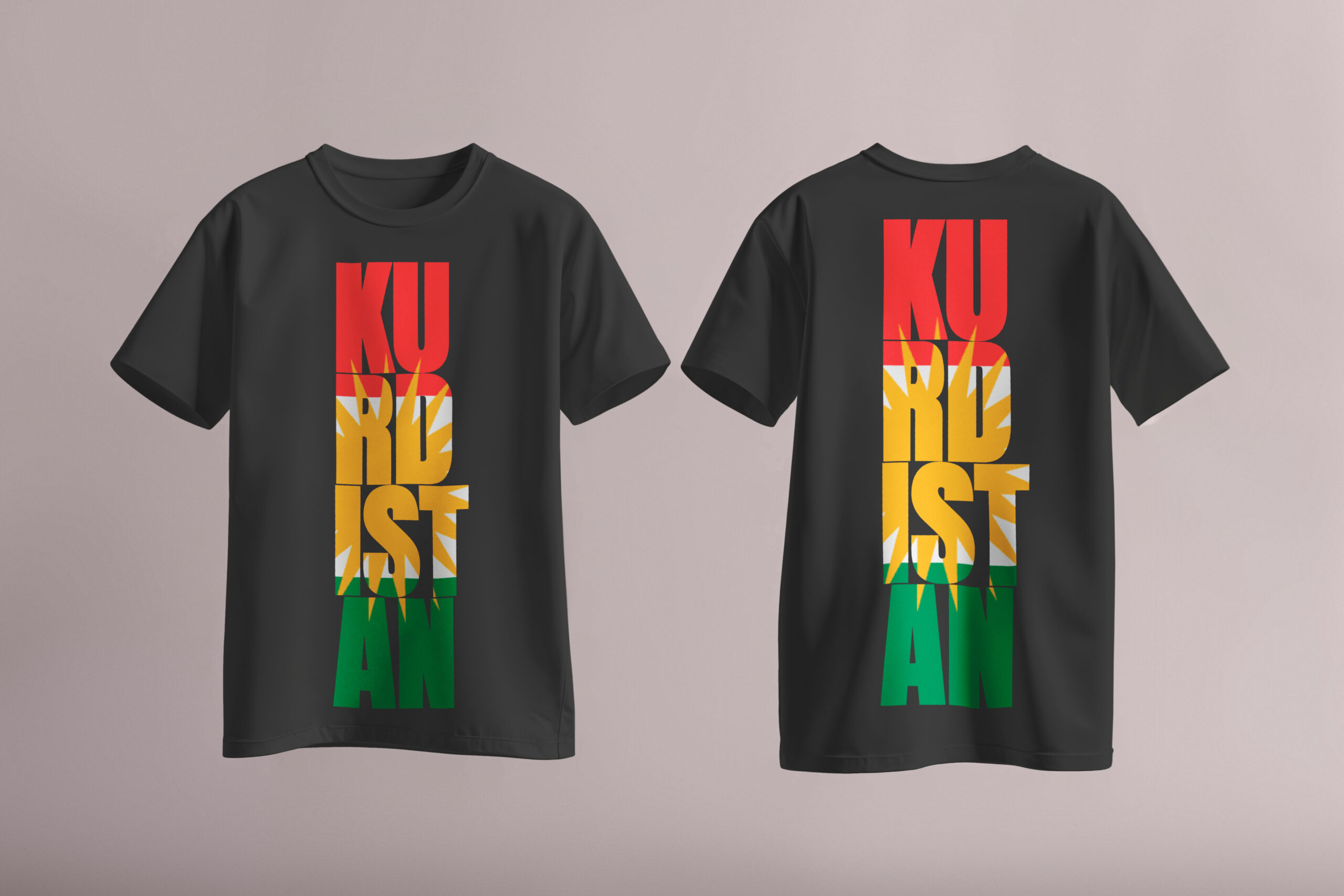 Black t-shirt with vertical Kurdistan typography and Kurdish flag colors with the 21-ray golden sun on front and back.