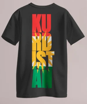 Black t-shirt with vertical Kurdistan typography and Kurdish flag colors with the 21-ray golden sun on front and back.