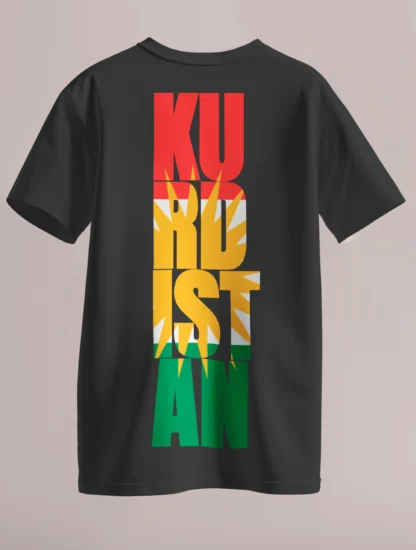 Black t-shirt with vertical Kurdistan typography and Kurdish flag colors with the 21-ray golden sun on front and back.