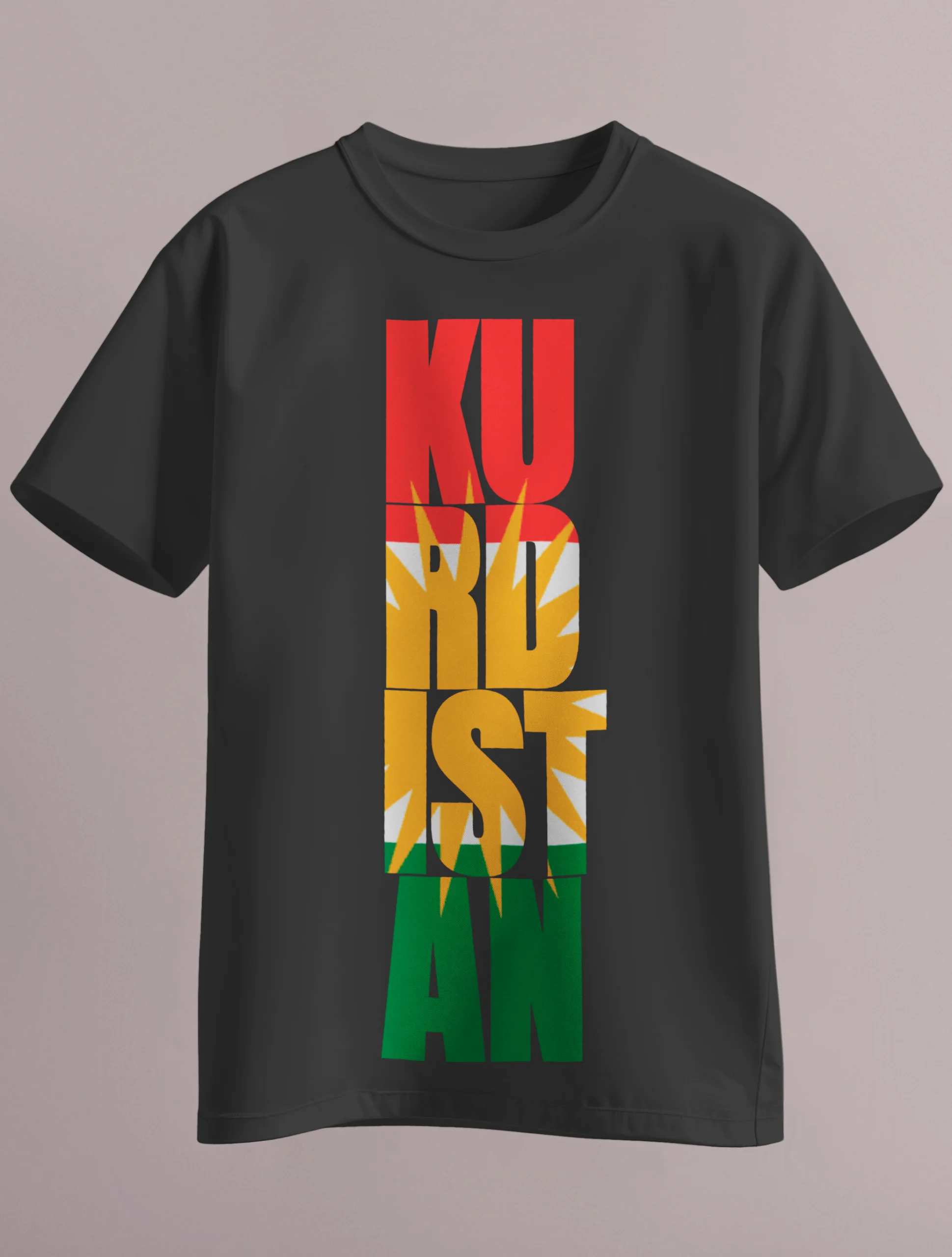 Black t-shirt with vertical Kurdistan typography and Kurdish flag colors with the 21-ray golden sun on back.